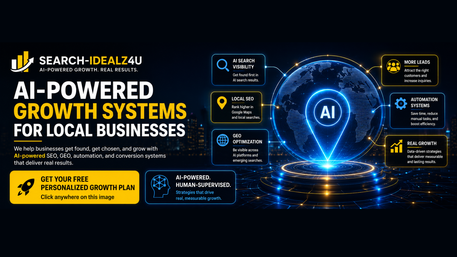 AI-powered local marketing systems built to help businesses improve visibility, generate leads, and grow with measurable strategy. Search-IDEALZ4U tablet hero image showing AI-powered growth systems for local businesses, including local SEO, GEO optimization, automation, lead generation, and business growth.
