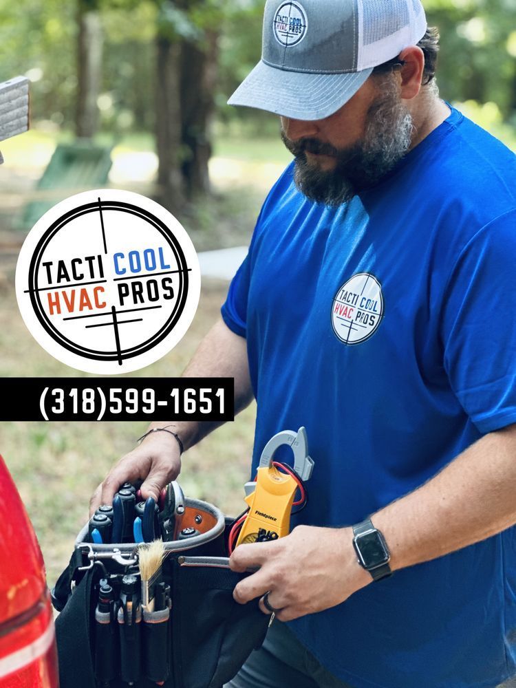 HVAC technician in blue shirt at work, holding tools. Logo for 