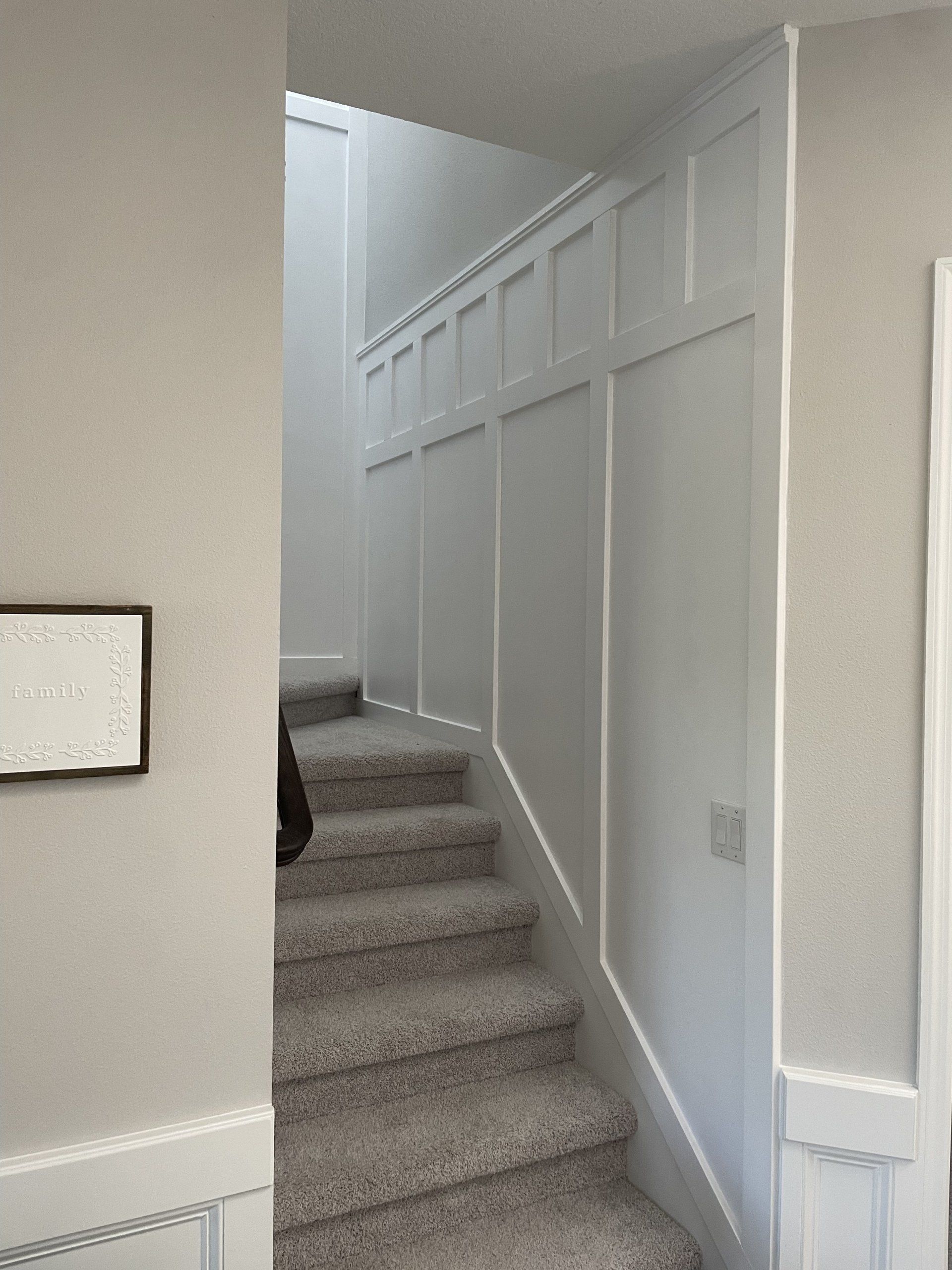 Staircase with gray carpet and white wainscoting on the wall.