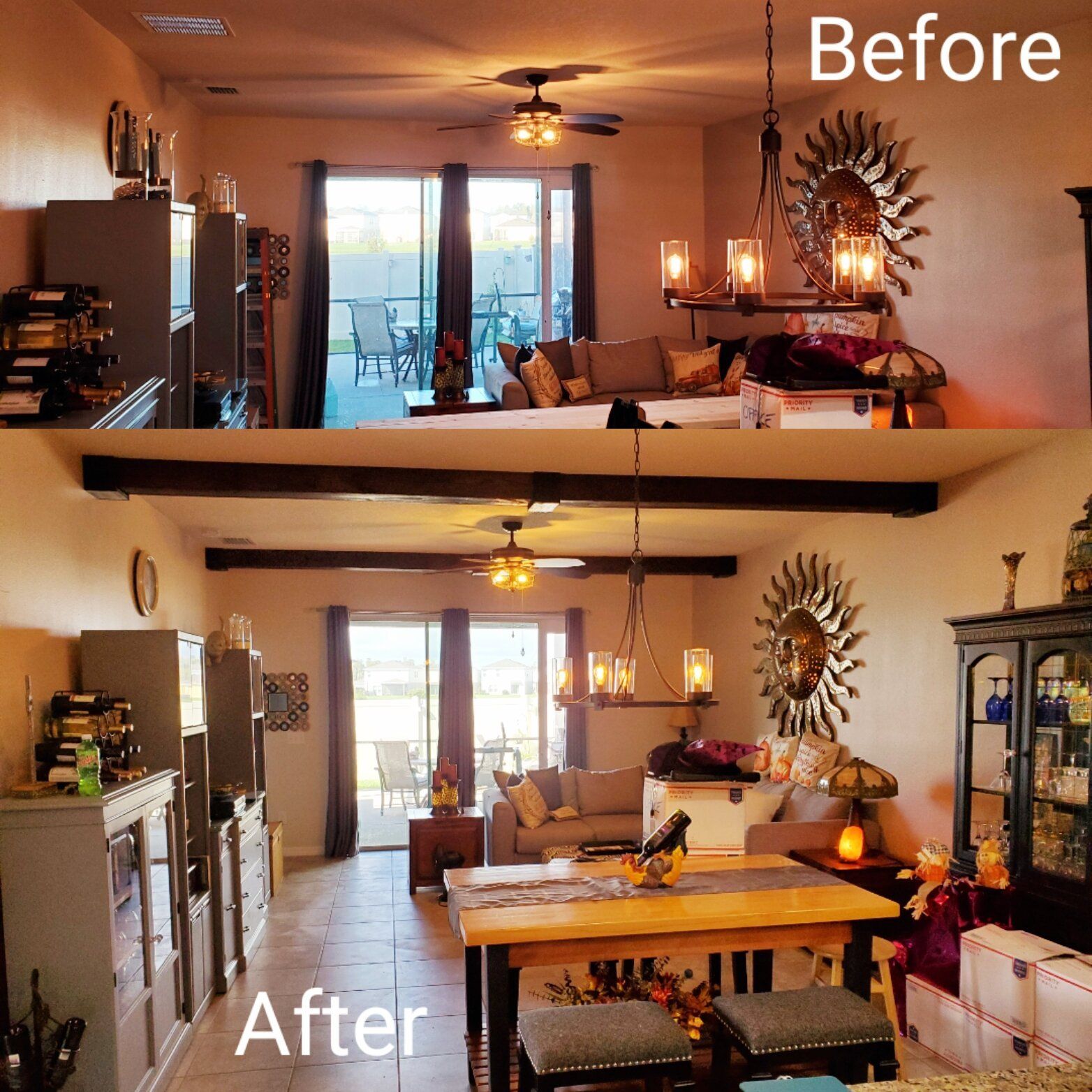Room renovation before and after: beige walls, dark wood beams, updated furniture and decor.