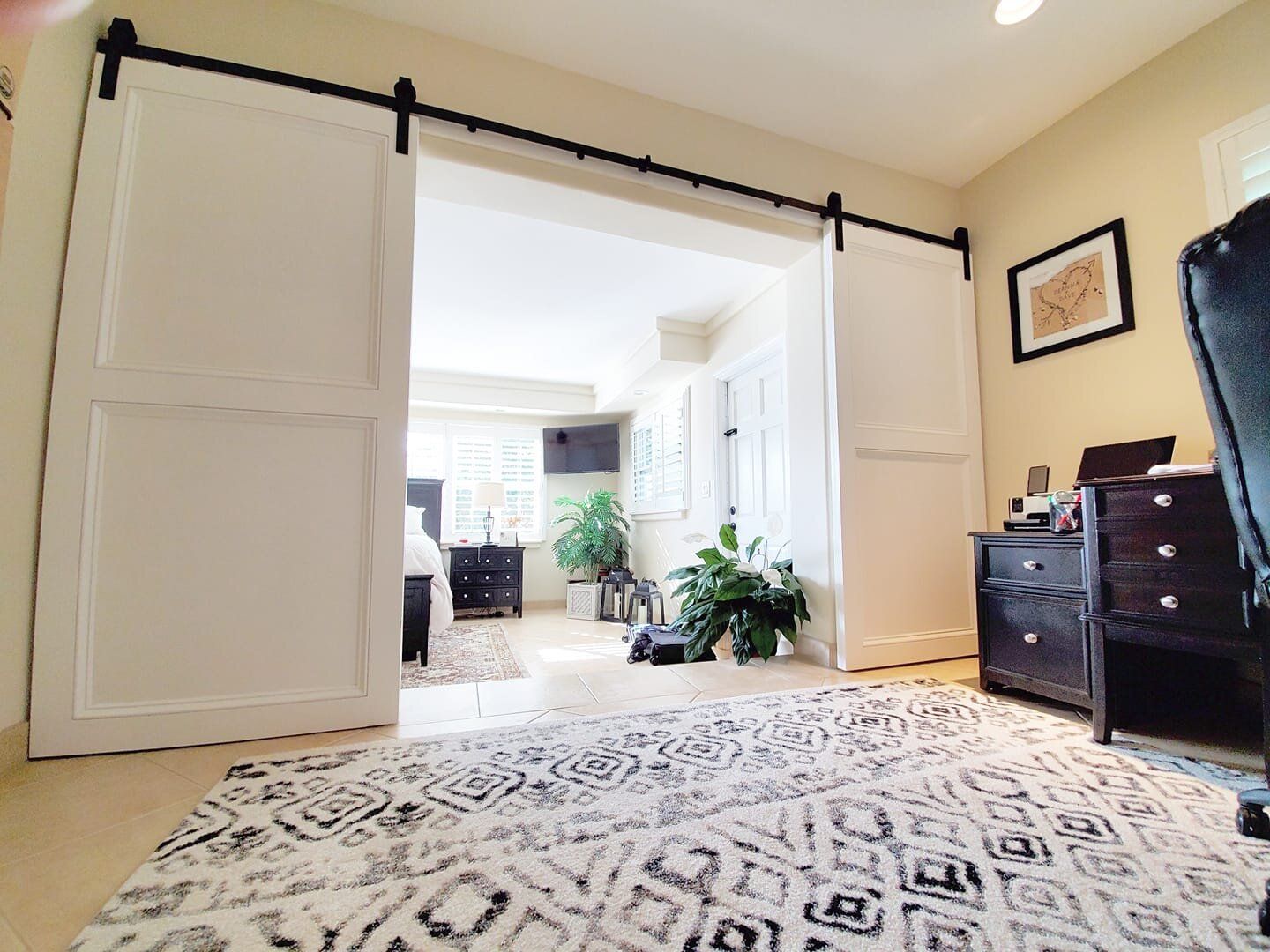White barn doors open to a bedroom with rug, plants, furniture, and TV.