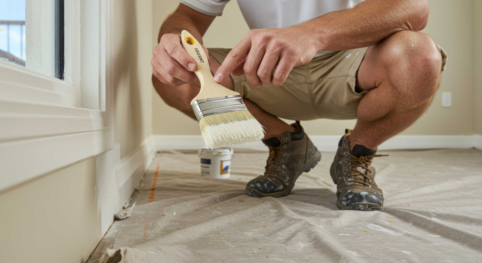 Painter Holding Brush While Detailing Office Corners Gympie