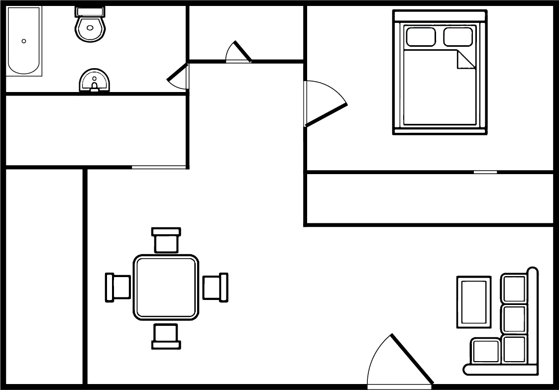 Floor plan of an apartment with a bedroom, bathroom, kitchen, and dining/living area.