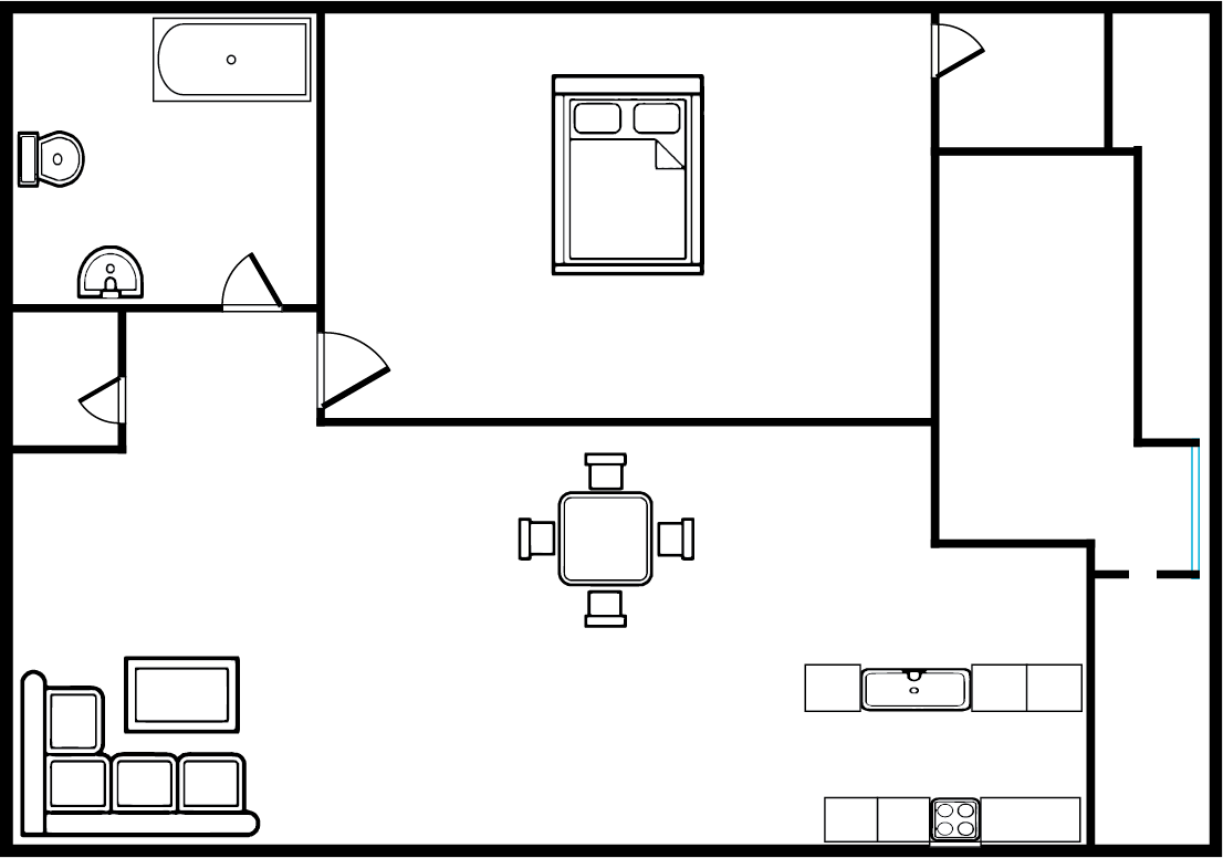 Floor plan of a small apartment: bedroom, bathroom, living/dining area, and kitchen.