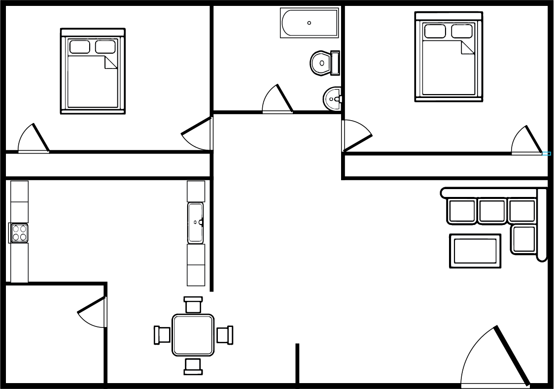 Floor plan of an apartment, including two bedrooms, a bathroom, kitchen, and living/dining areas.