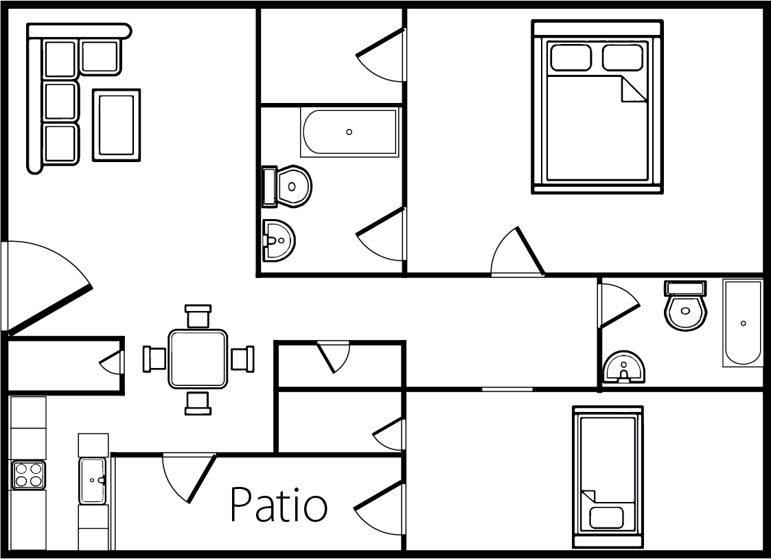 Floor plan of an apartment: living room, dining area, patio, bedroom, and two bathrooms.