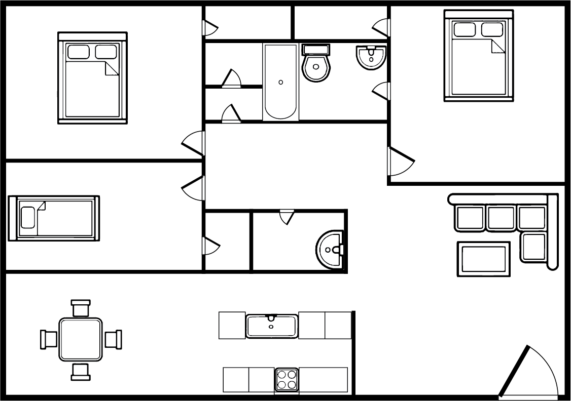 Floor plan of a house with a kitchen, dining area, living room, two bedrooms, and a bathroom.