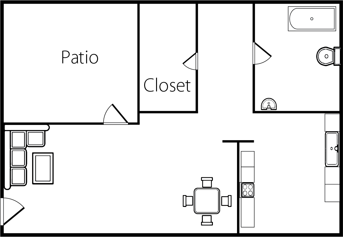 Floor plan of an apartment with a patio, closet, bathroom, kitchen, and living/dining area.