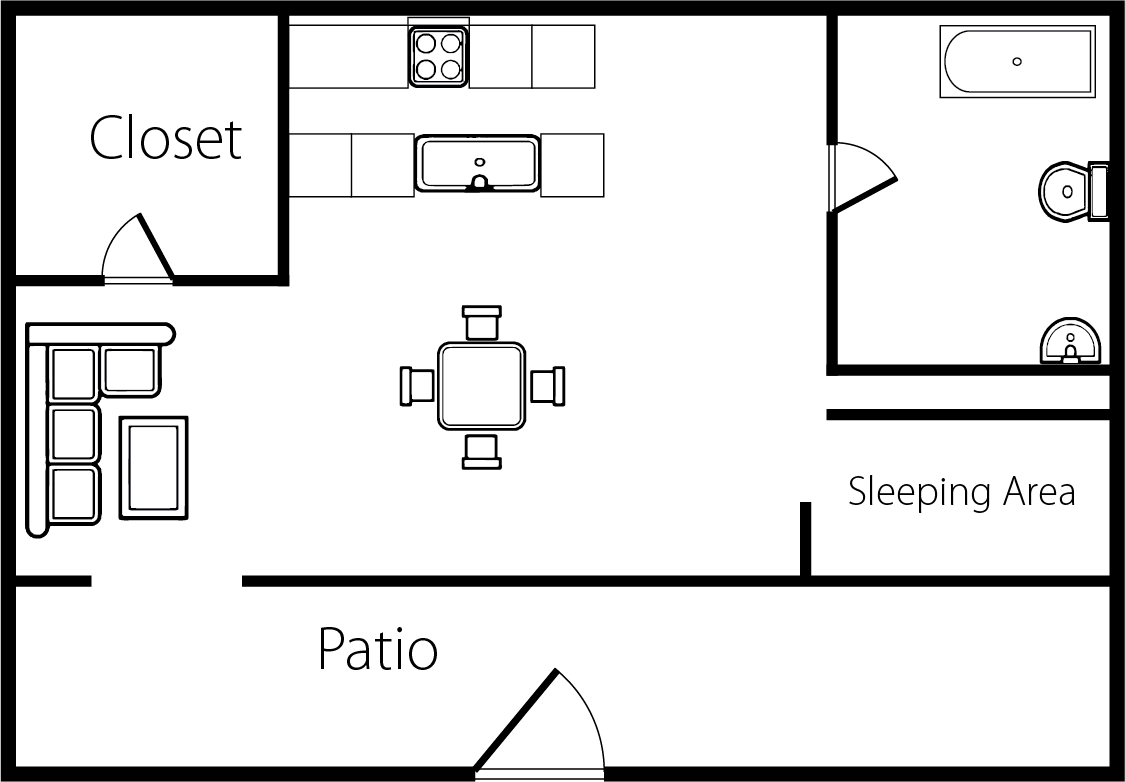 Floor plan of a small apartment with kitchen, closet, bathroom, dining, and patio area.