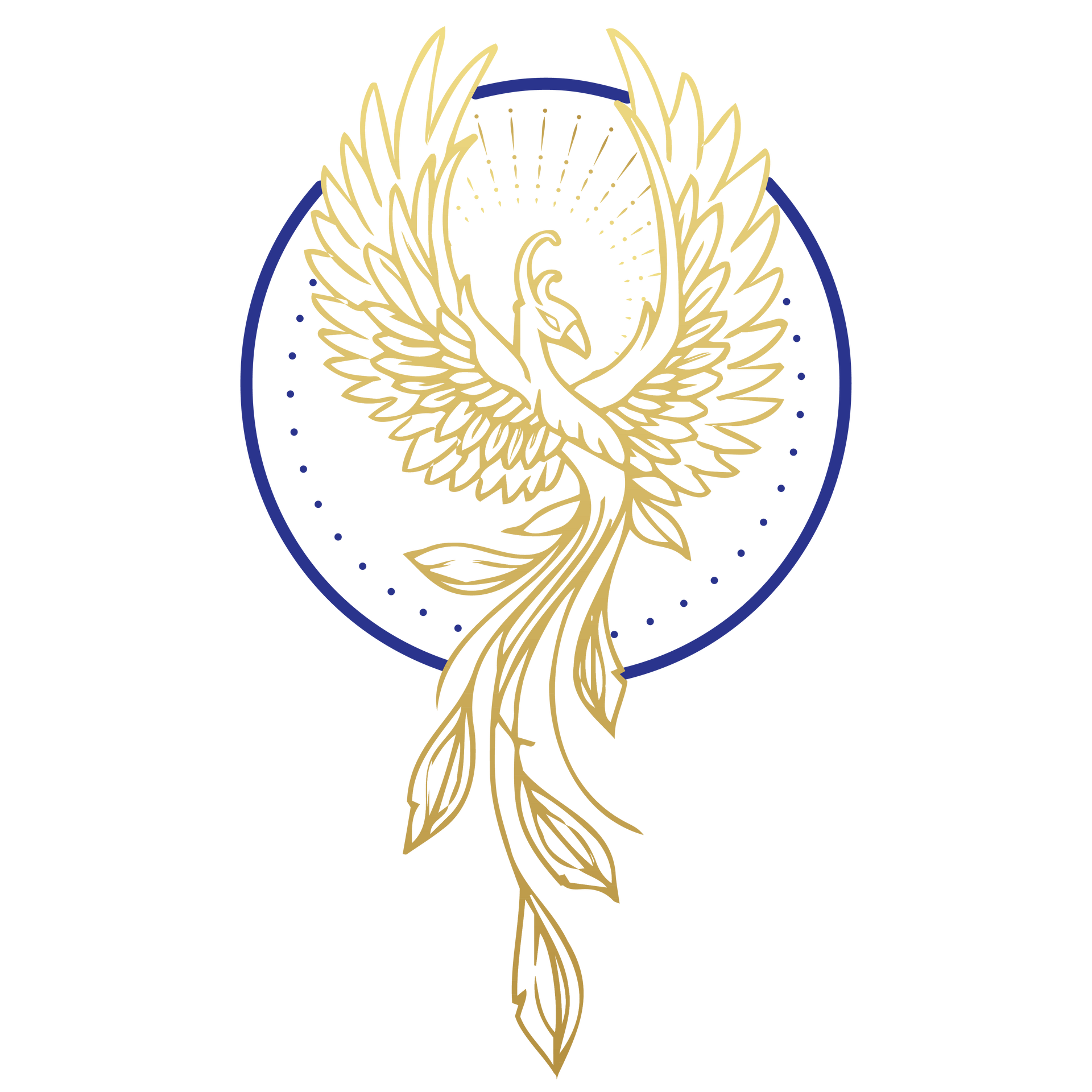 A drawing of a phoenix in a circle on a white background.