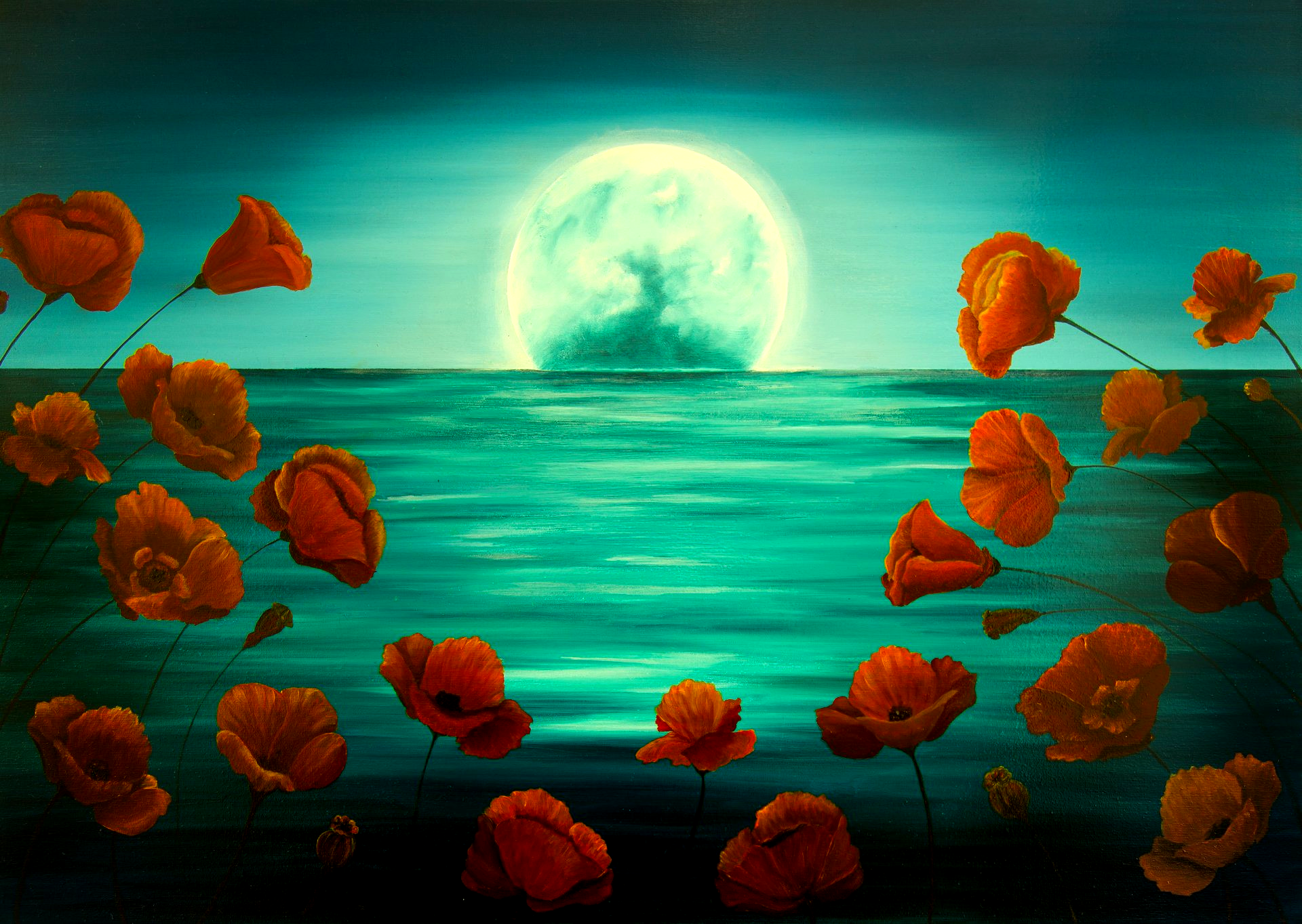 Poppies in the Moonlight, giclee print from oil painting, limited edition