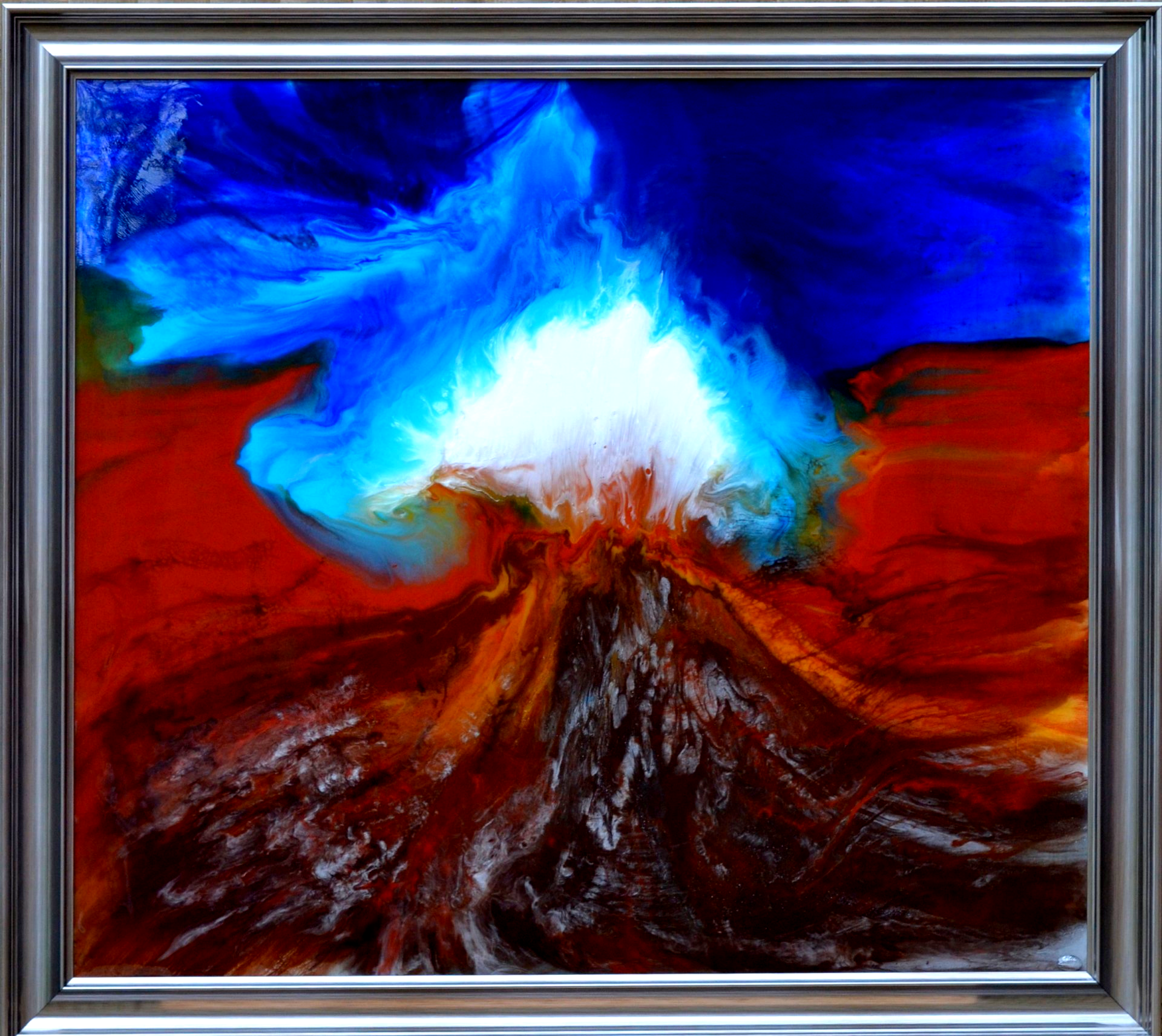 New Beginnings, original large resin painting, abstract style volcano representing new beginnings in all aspect of life