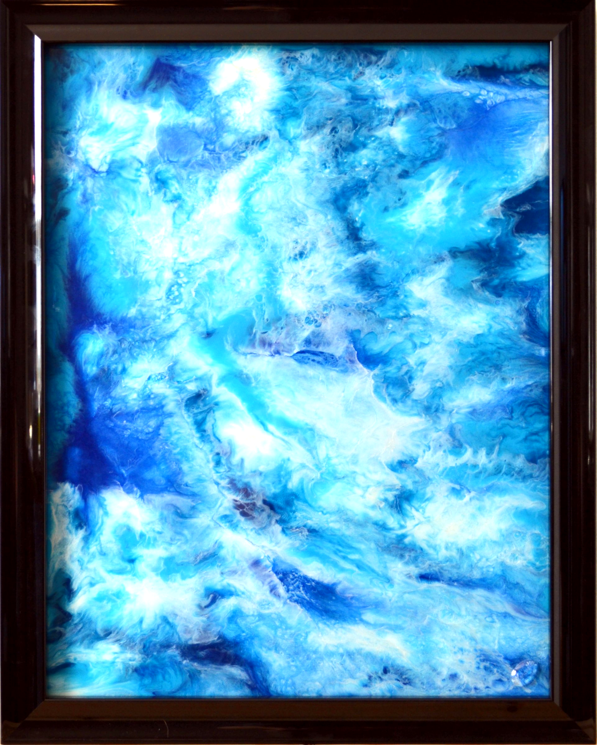 Reflections in Blue, original resin painting representing the ocean from space, meditative painting, framed and ready to hang