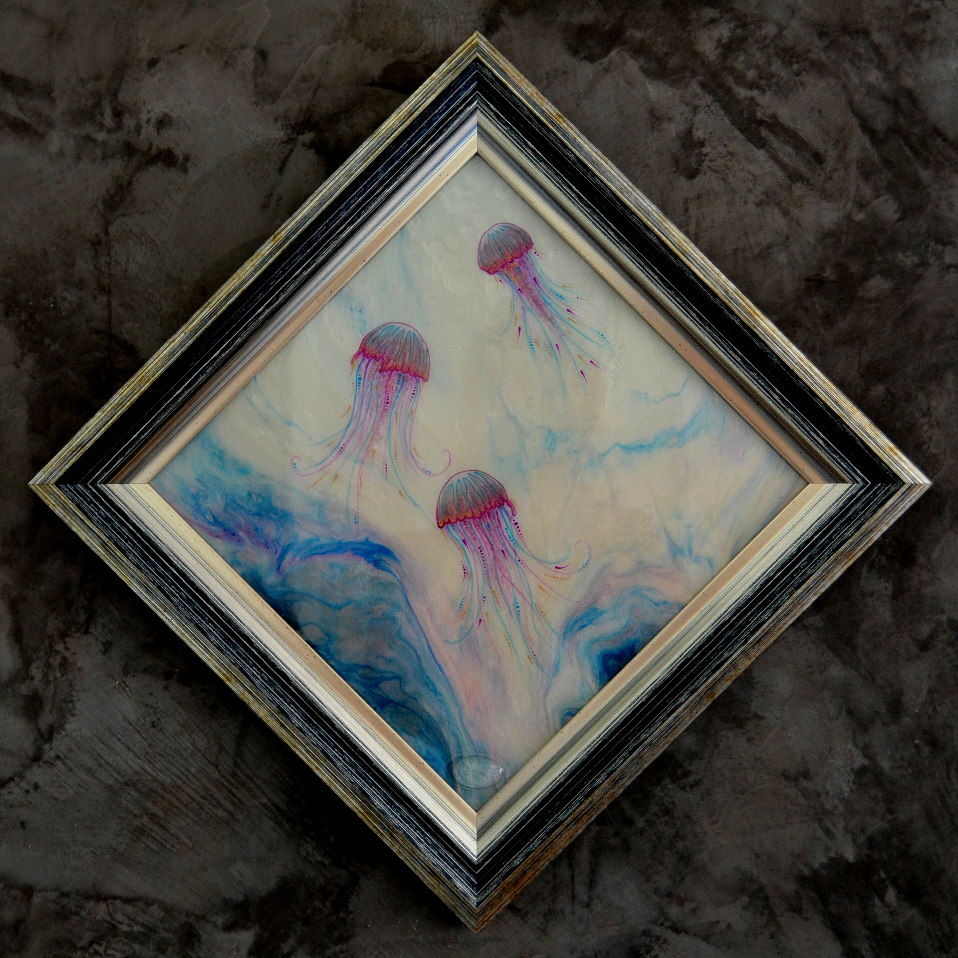Jelly Dance, jellyfish painted onto resin, original piece, framed and ready to hang