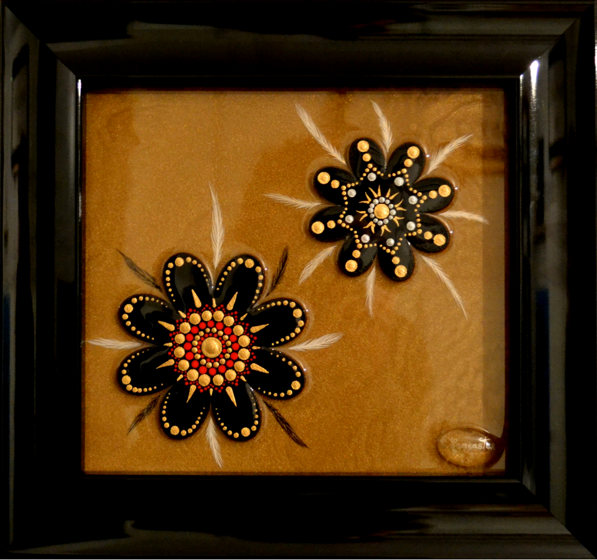 Cheyenne Soul, small resin painting with 3 d flowers painted mandala style. Framed and ready to hang