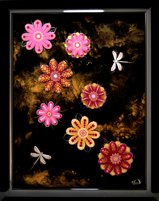 Authority Of Magic, original resin painting in black and gold with purple 3 D flowers and dragonflies