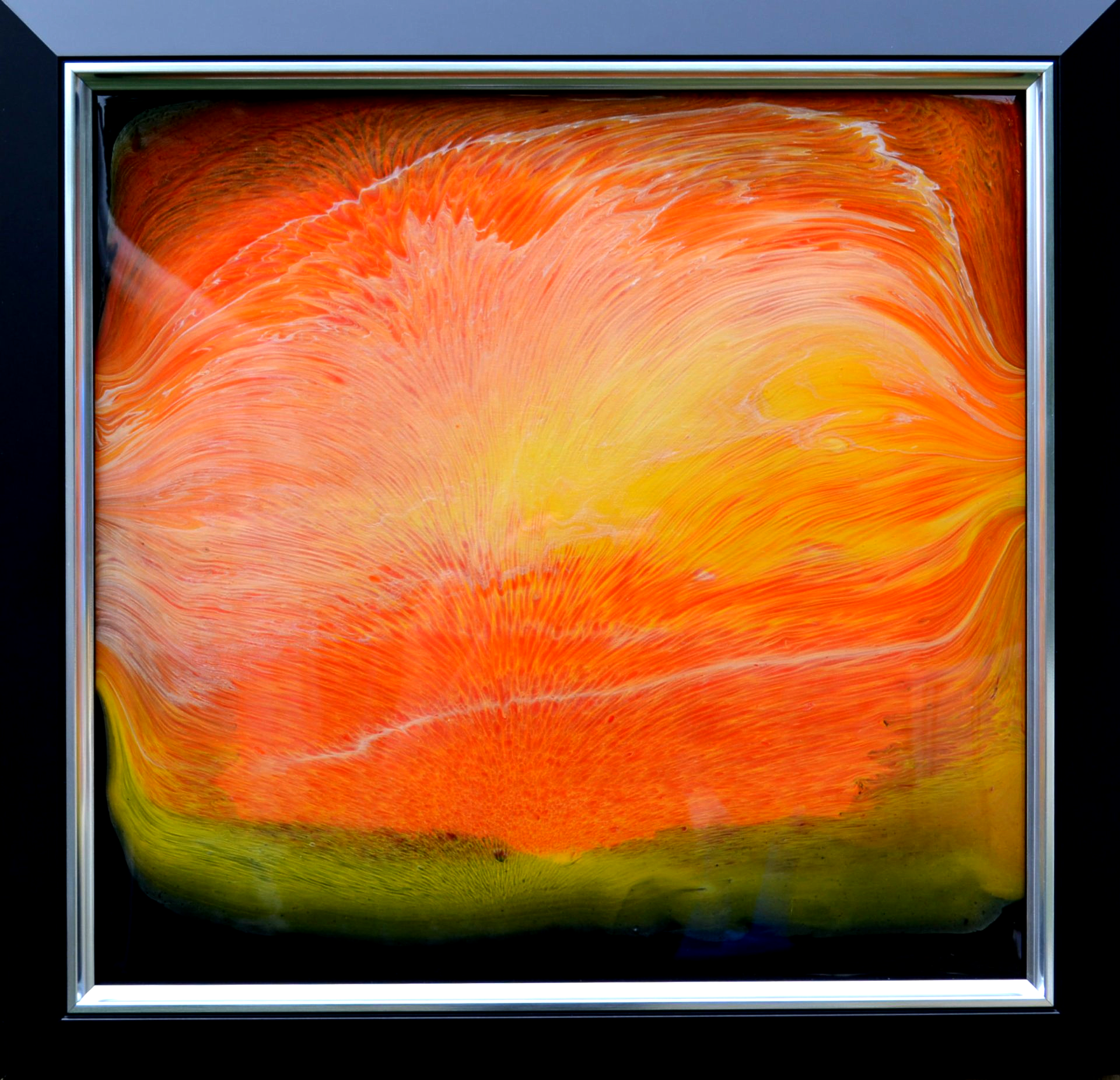 Sun Dance Original abstract painting with Orange, yellow and black representing the sun rise. Meditative piece.