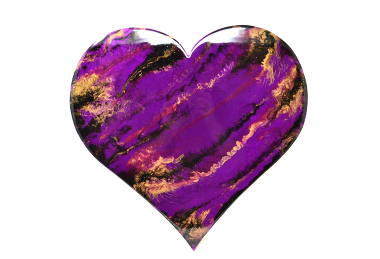Dreaming of Water Lilly,  Original resin painting in a heart shape with purple, black and gold colours, ready to hang