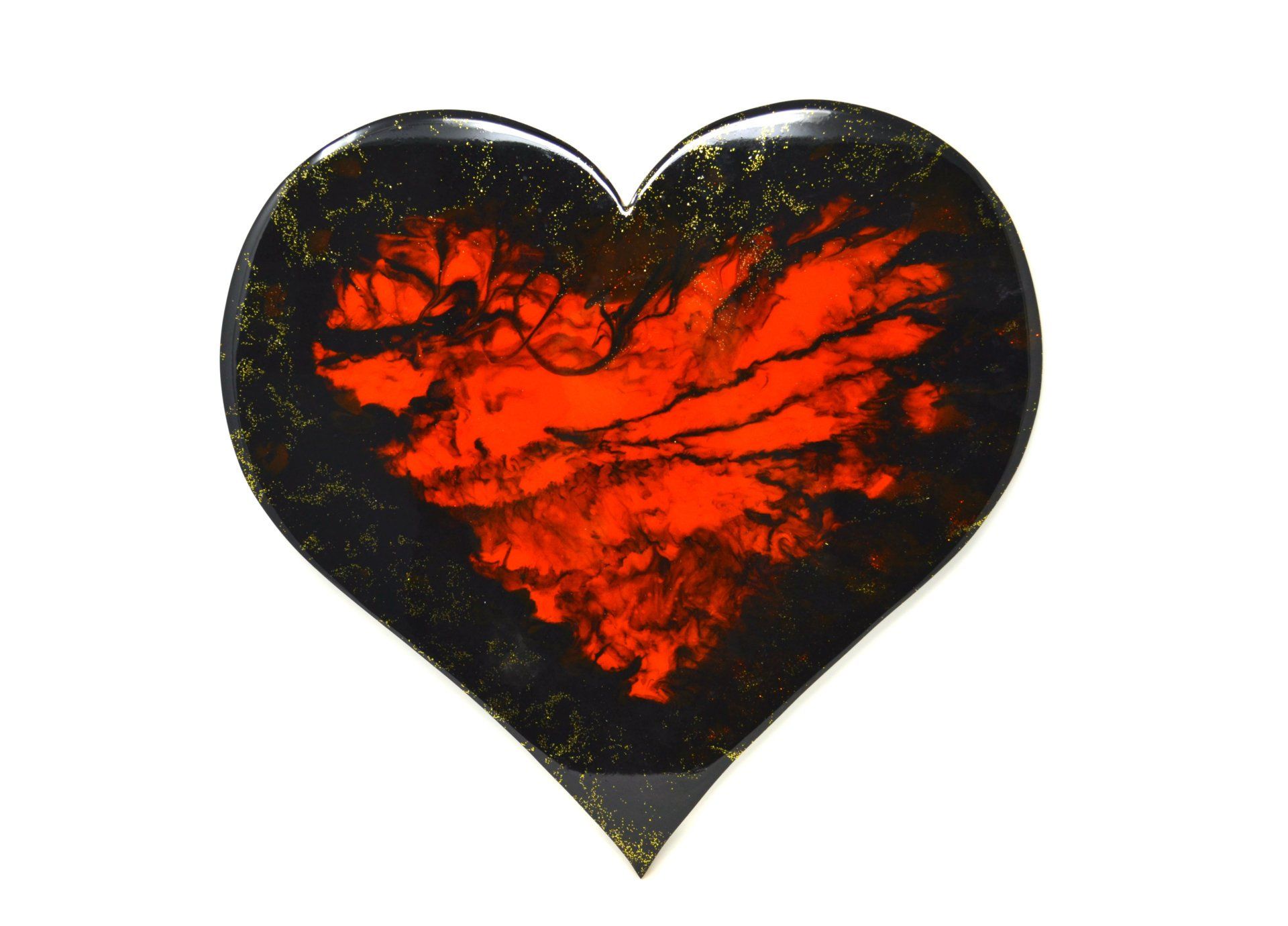 Elegant Love,  Original resin painting in a heart shape with black and red colours, ready to hang