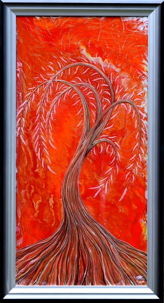 Freedom of Seraph Angels, Acrylic painting coated in resin, mystic white feather tree