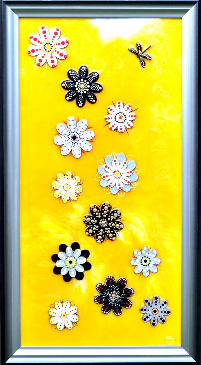 Fresh Start, original resin painting with 3 d dragonflies and black, silver and gold flowers on a yellow background