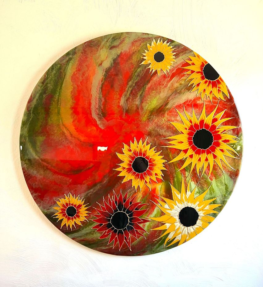 Sunflower art. Resin Art by Celia Lancaster. La dance des tournesols. Oeuvre Originale