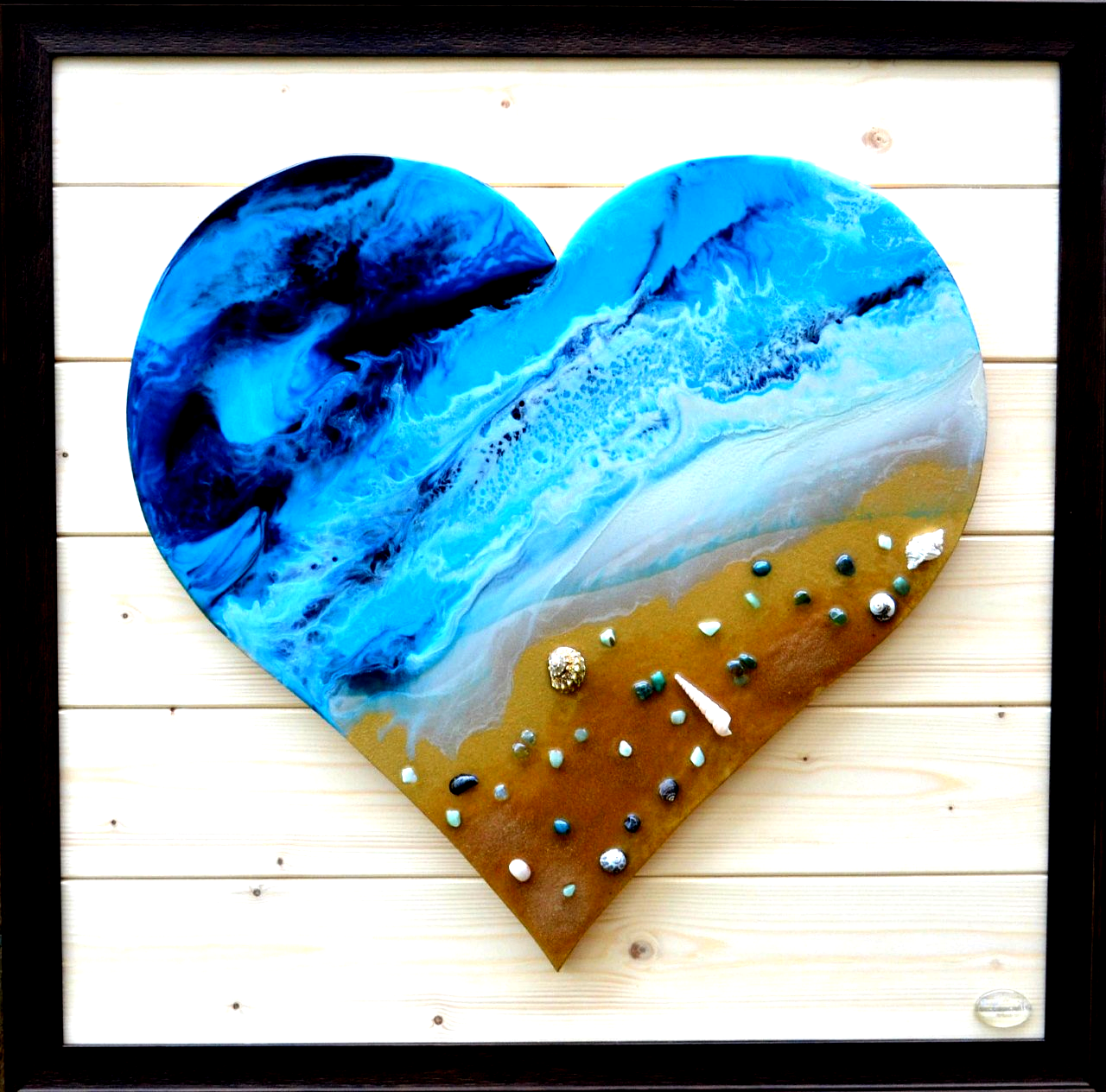 Littoral Love, original beach resin painting with sea shells elements.