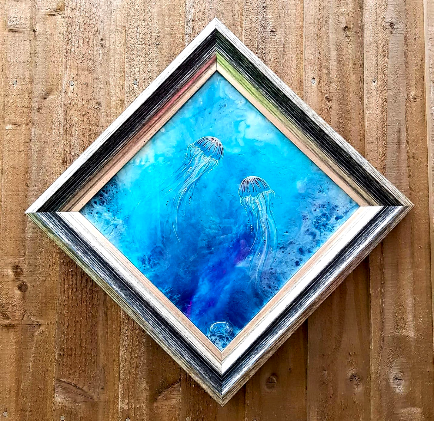 Medusa Duet, jellyfish painted onto resin, original piece, framed and ready to hang
