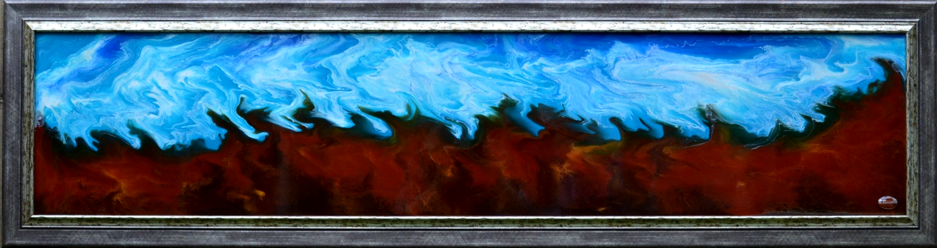 More than you seek, Original large abstract resin painting  with earthy colours and blue, framed and ready to hang.