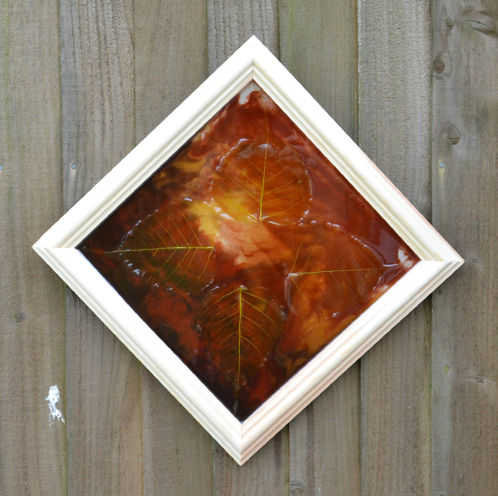 New Leaf, Resin painting with earthy pigments and real skeleton leafs in 3 d. s