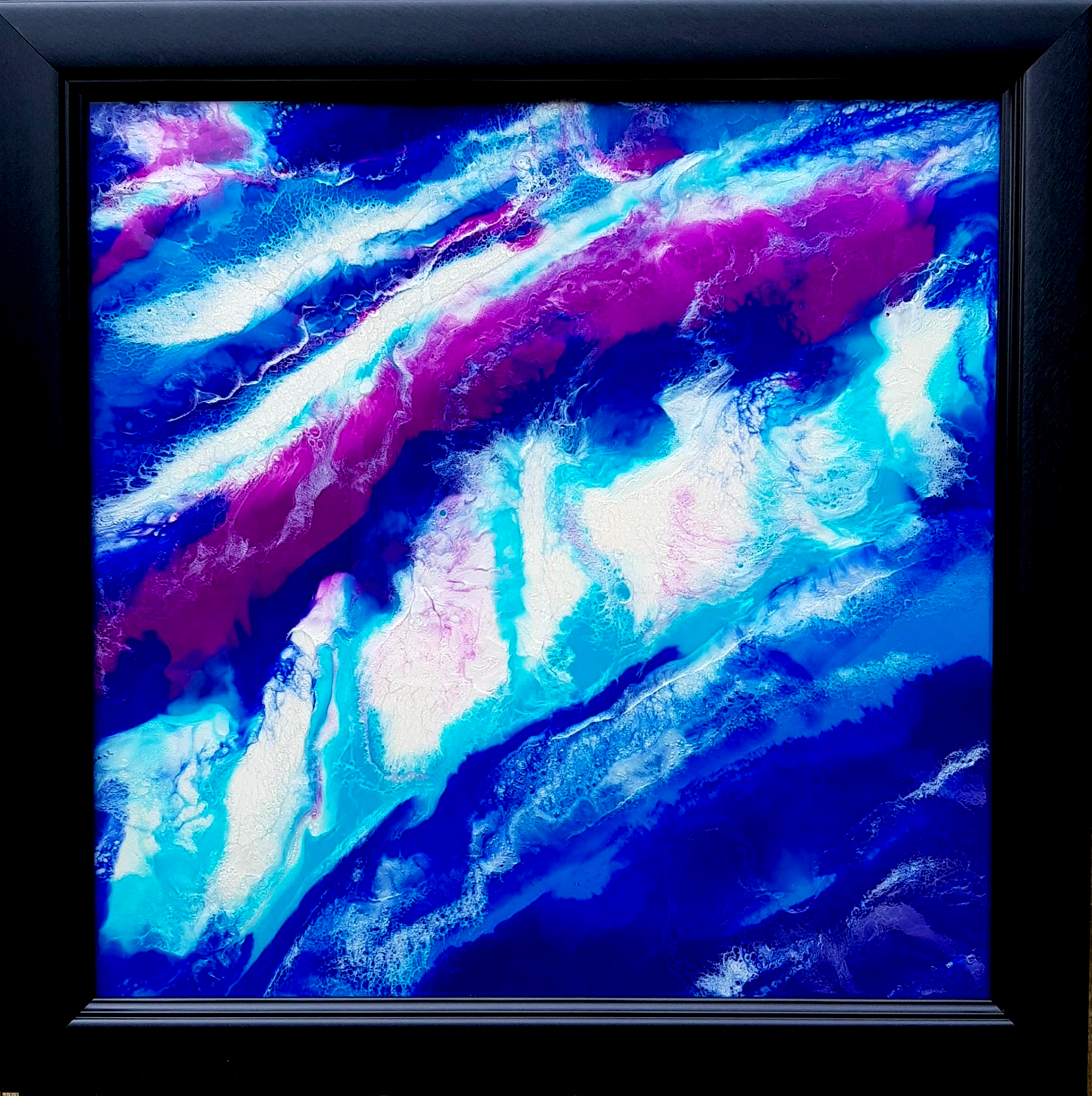 Out of the Blue, Original abstract painting with blue, purple and mother of pearl colours representing the deep blue see. Meditative piece.
