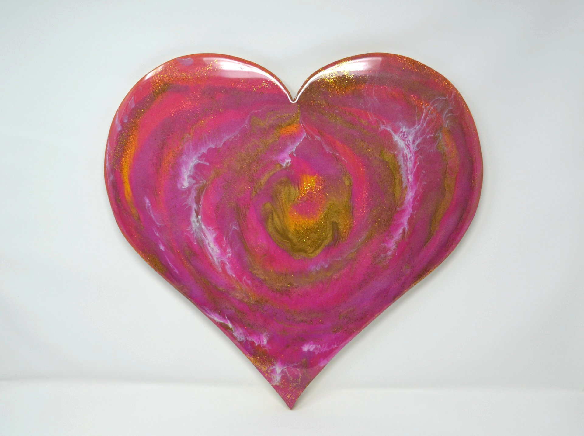 Sparkling Cocktail, original heart shaped resin painting with gold and pink colours, ready to hang