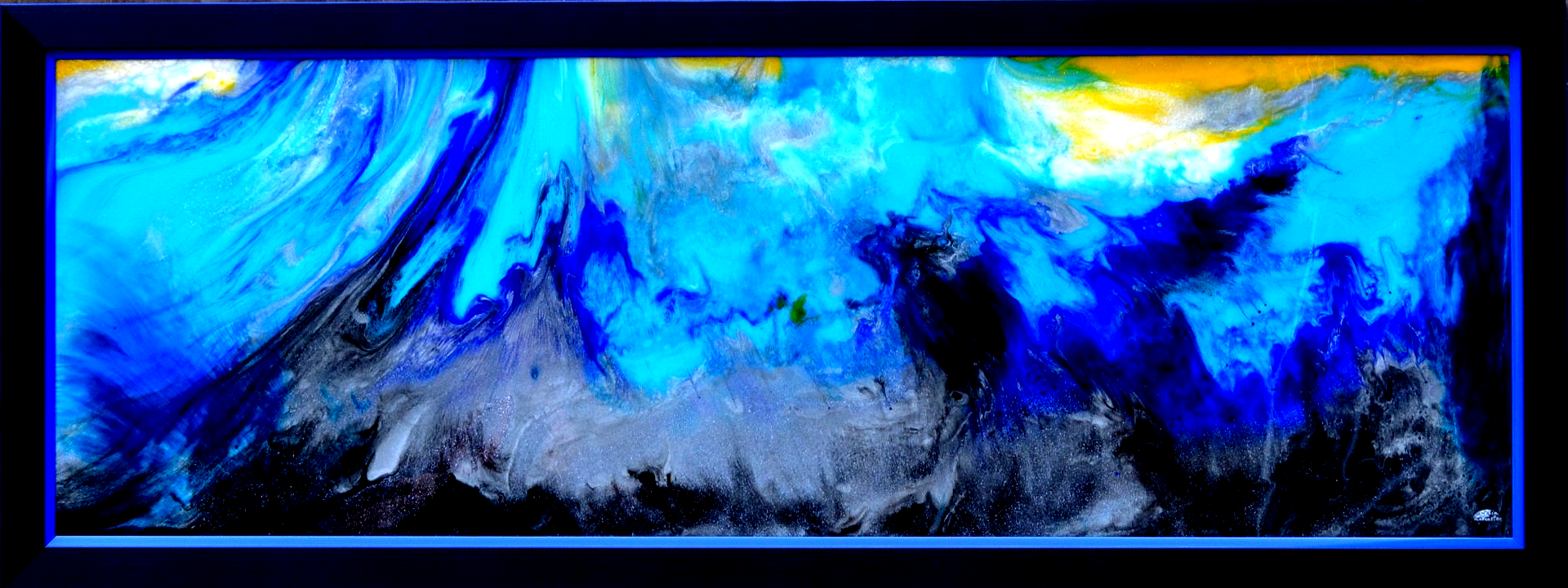 Sparkly Night, abstract framed  resin painting, original piece,blue silver and yellow painting, large painting