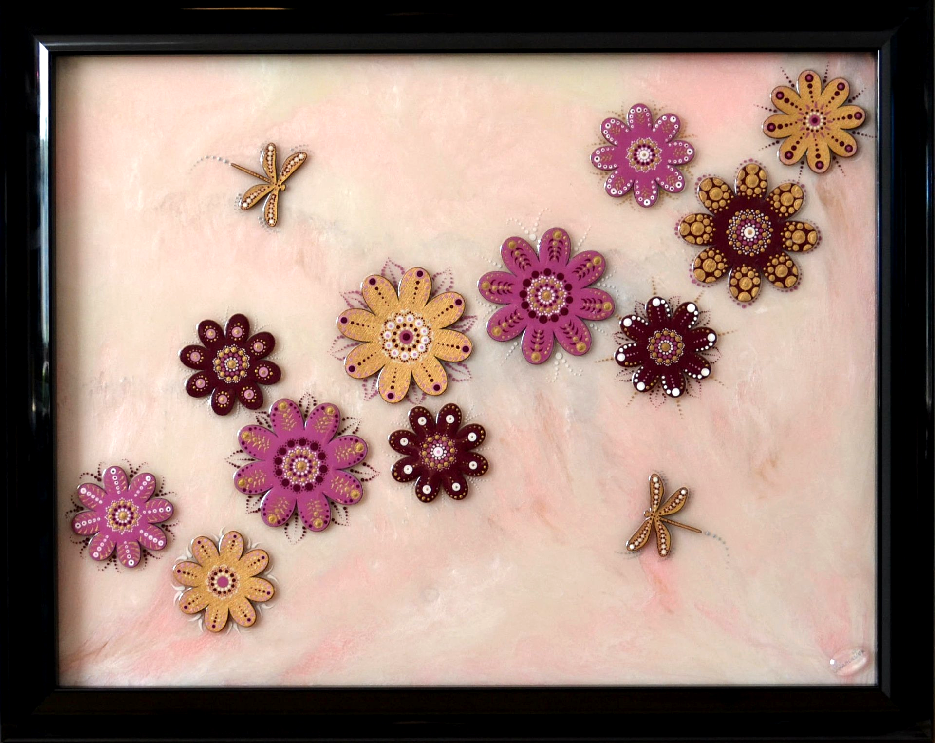 Fragrance of Harmony, original pink resin background with 3 D purple and gold flowers and spiritual dragonflies