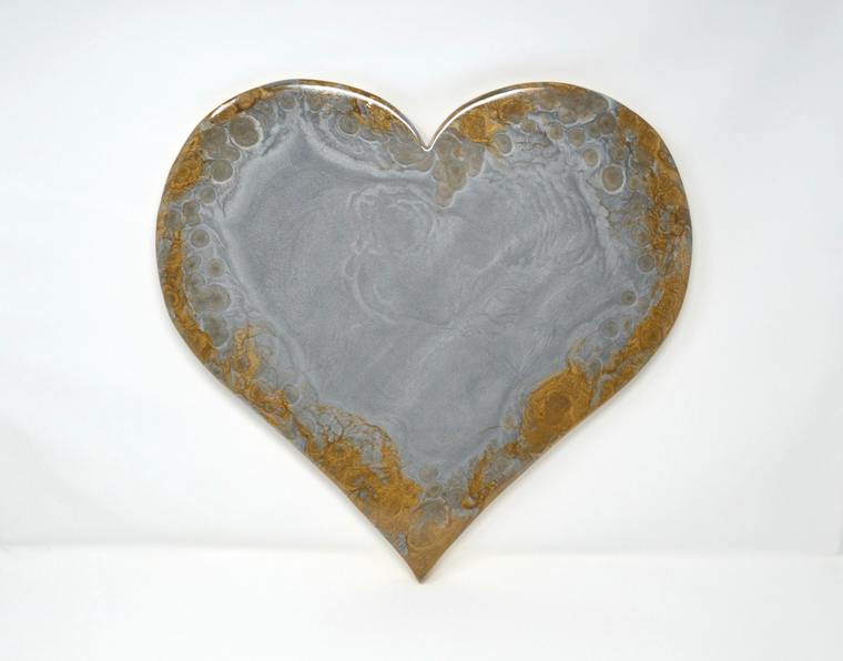 To Idle is to Rust,  Original resin painting in a heart shape with silver and gold colours, ready to hang