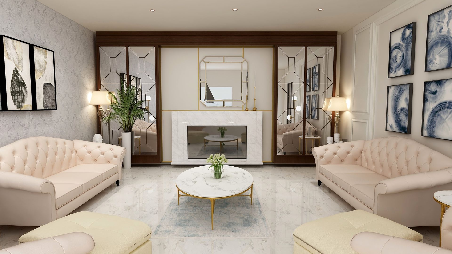 Elegant living room with two pink sofas, marble fireplace, and abstract art.