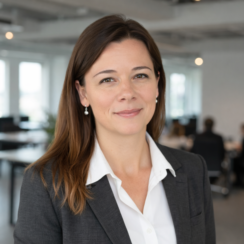 Woman with light brown hair, wearing a black top and silver earrings, looking toward the viewer.