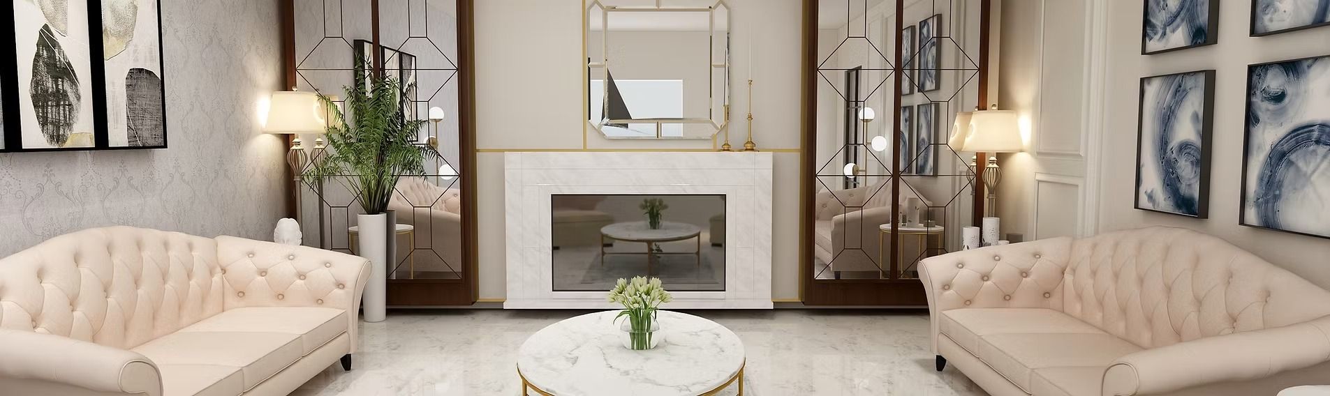 Living room with two blush tufted sofas, fireplace, mirrors, art, and a round coffee table.