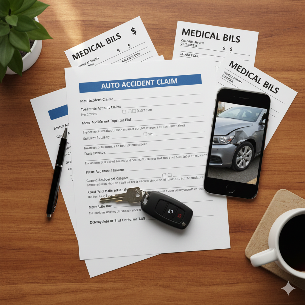 Insurance claim documents, car keys, and medical bills on desk for auto accident case preparation