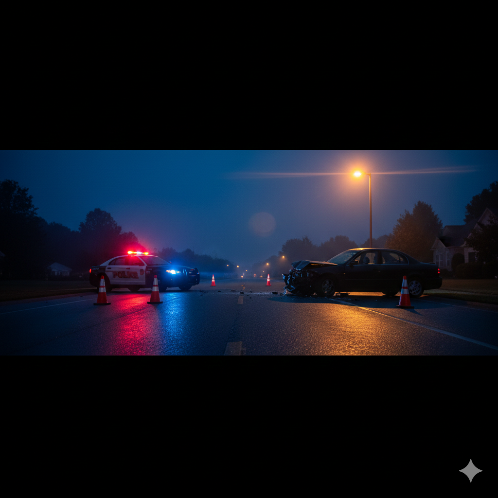 Two vehicles after drunk driving collision at night with emergency lights reflecting on wet Georgia 