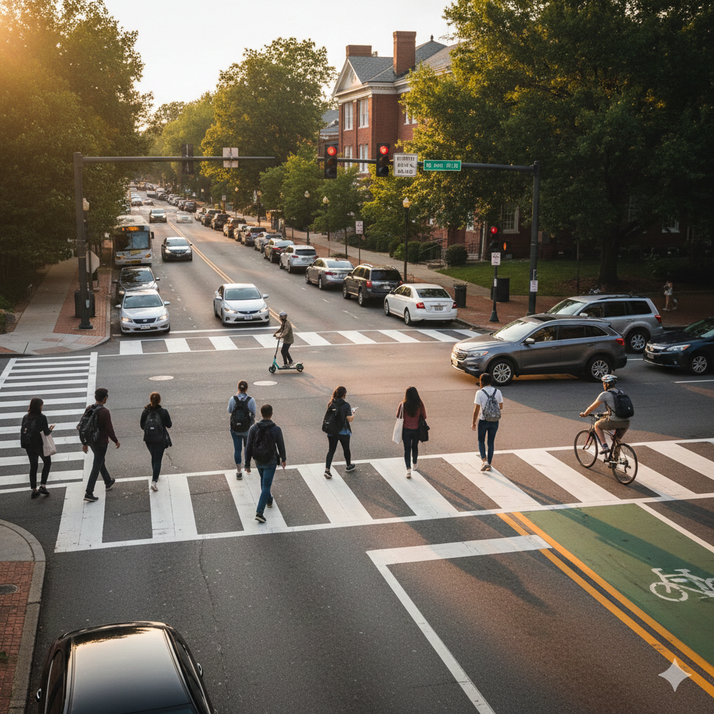 Athens Georgia street intersection showing pedestrians crossing marked crosswalk, cyclist in bike la