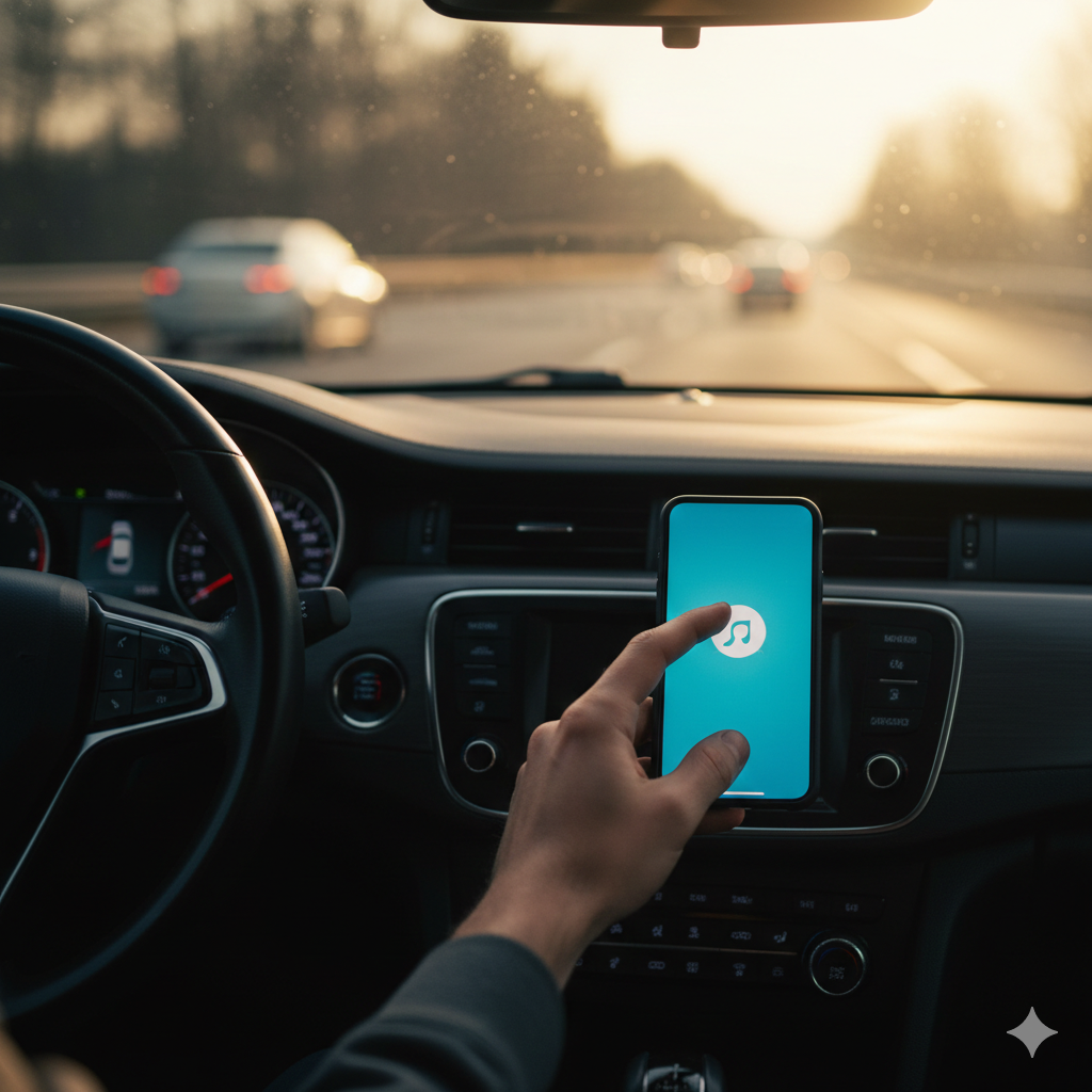 Driver's hand reaching for glowing smartphone on car center console while vehicle in motion, showing