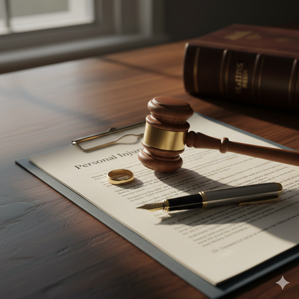 Professional legal gavel and wedding ring on personal injury claim documents symbolizing workplace a