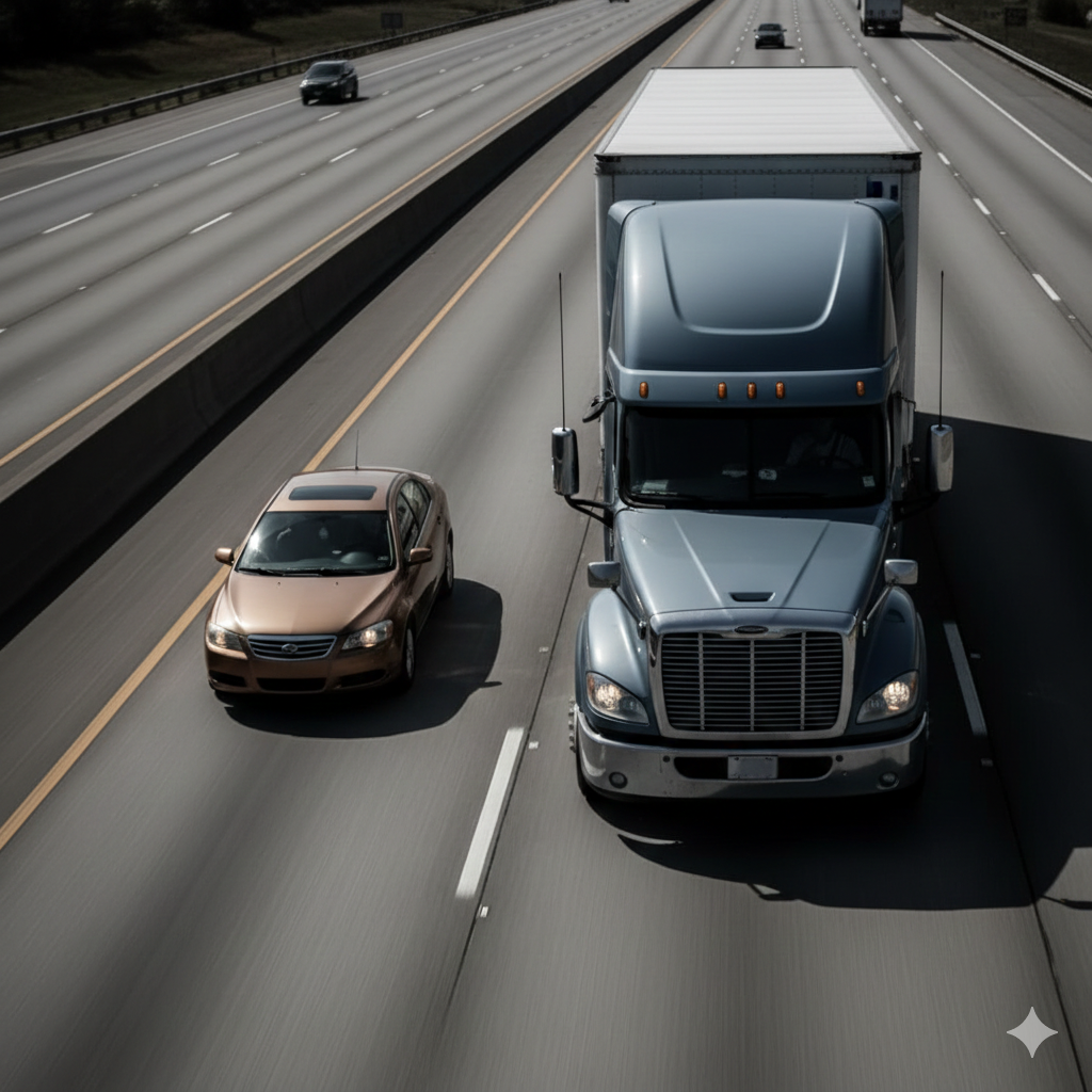 Size comparison of large commercial semi-truck next to small passenger vehicle on multi-lane highway