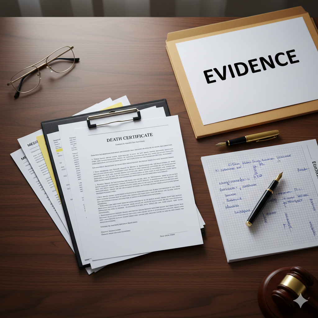 Organized legal and medical documents on law office desk showing evidence collection for wrongful de