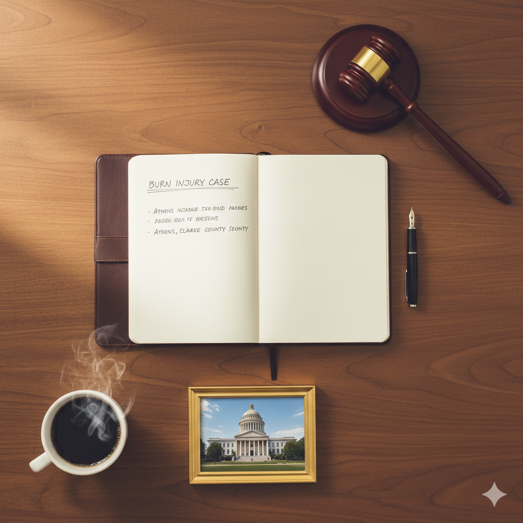 Overhead view of legal documents, gavel, and burn injury case notes on attorney's desk in Athens GA