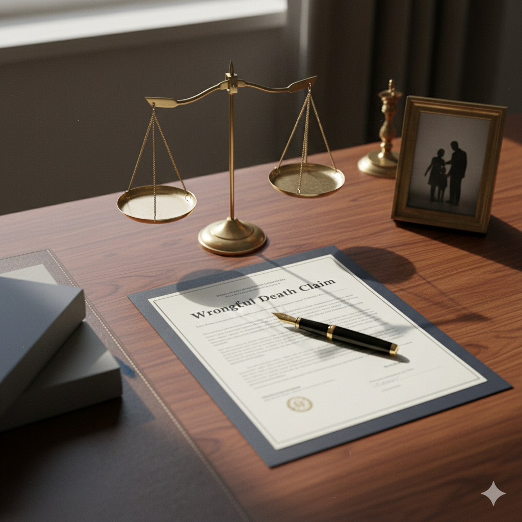 Brass scales of justice with wrongful death legal documents on mahogany desk representing legal proc
