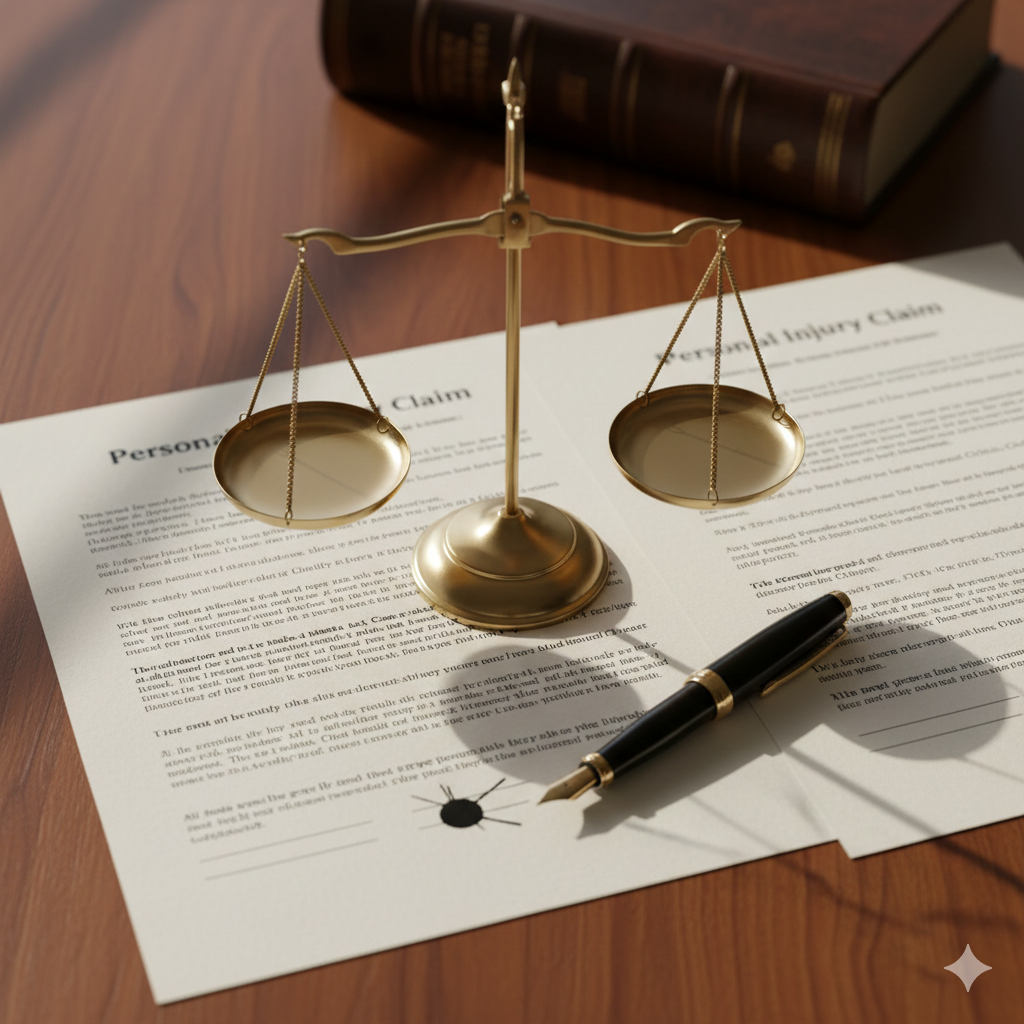 Brass scales of justice with personal injury legal documents on mahogany desk