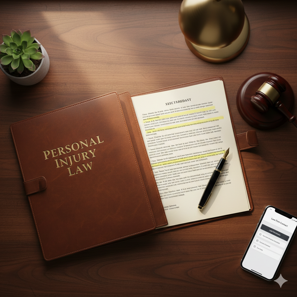 Overhead view of personal injury law portfolio with legal documents, gavel, and fountain pen on maho