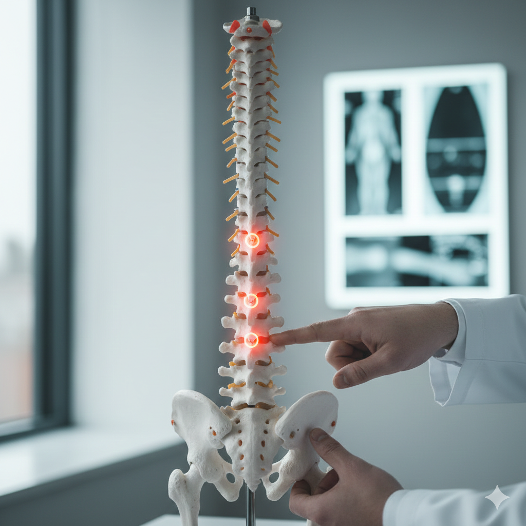 Doctor pointing to warning locations on anatomical spine model showing four common areas affected by